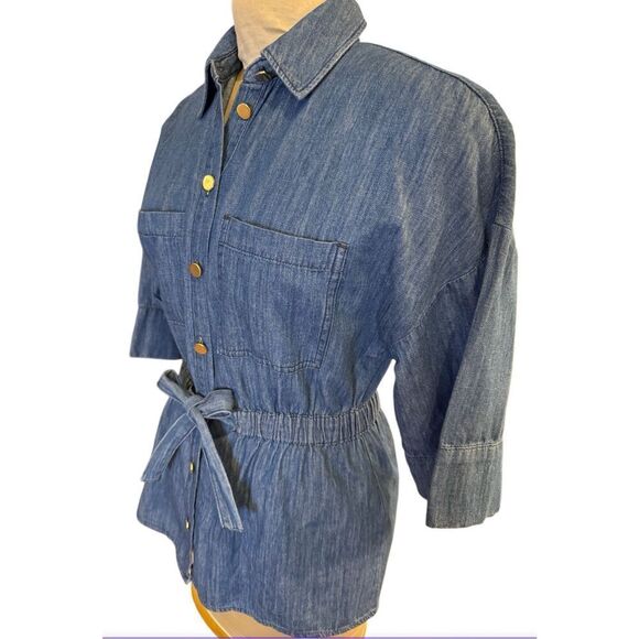 Zara Women’s Denim Shirt Elasticized Tie Waist Peplum Sz. S 3/4 Sleeves - Picture 5 of 8